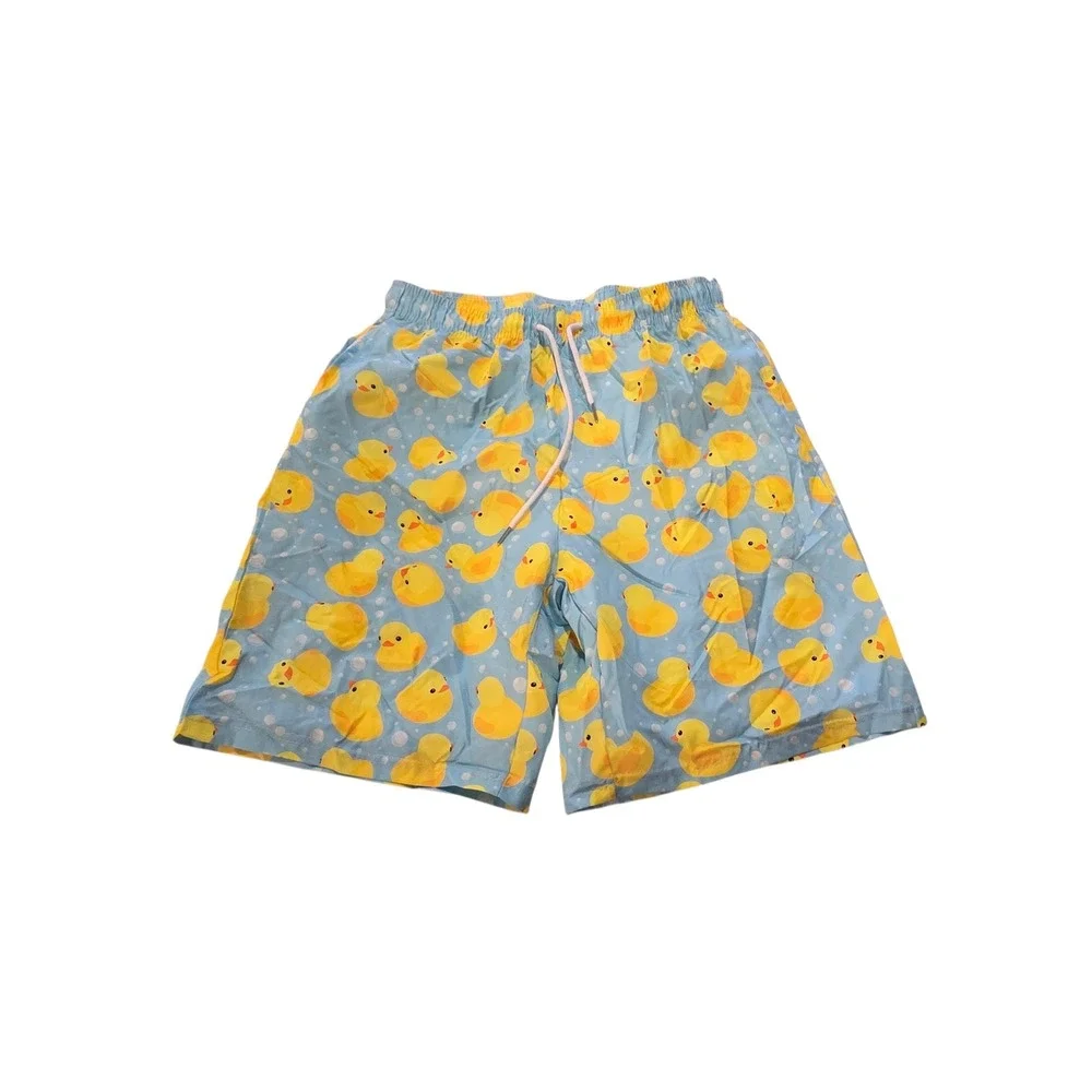 Mens Rubber Duck Print Swim Trunks Light Blue Yellow‎ Size Large Board Shorts